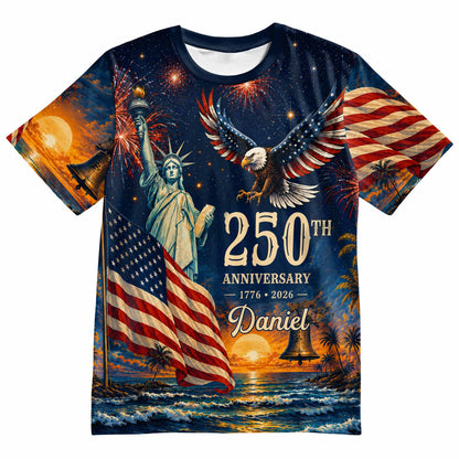 Anniversary Eagle Statue Of Liberty And American Flag - Personalized Custom Unisex All-Over Printed T-Shirt - INDE594_3T
