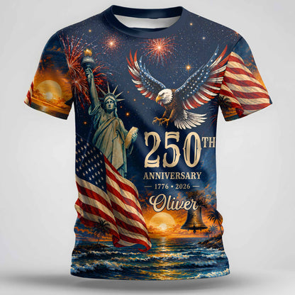 Anniversary Eagle Statue Of Liberty And American Flag - Personalized Custom Unisex All-Over Printed T-Shirt - INDE594_3T