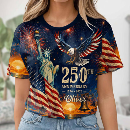 Anniversary Eagle Statue Of Liberty And American Flag - Personalized Custom Unisex All-Over Printed T-Shirt - INDE594_3T