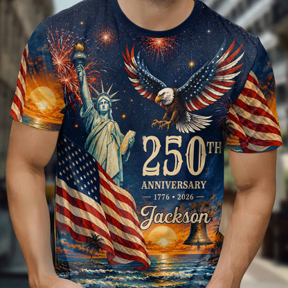 Anniversary Eagle Statue Of Liberty And American Flag - Personalized Custom Unisex All-Over Printed T-Shirt - INDE594_3T