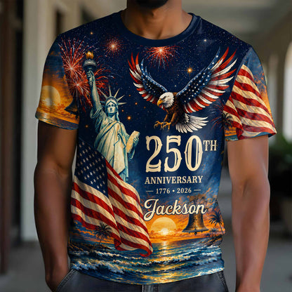 Anniversary Eagle Statue Of Liberty And American Flag - Personalized Custom Unisex All-Over Printed T-Shirt - INDE594_3T