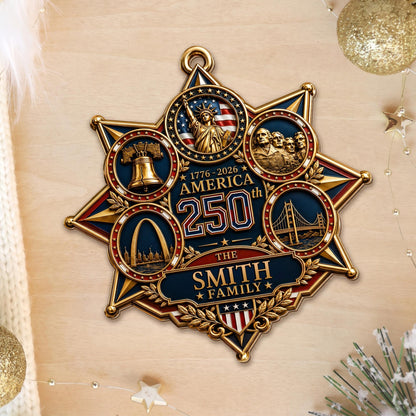 America 250 The Family With Landmarks Statue Of Liberty And Liberty Bell - Personalized Custom Wood Ornament, Custom Shaped - INDE672_WDO
