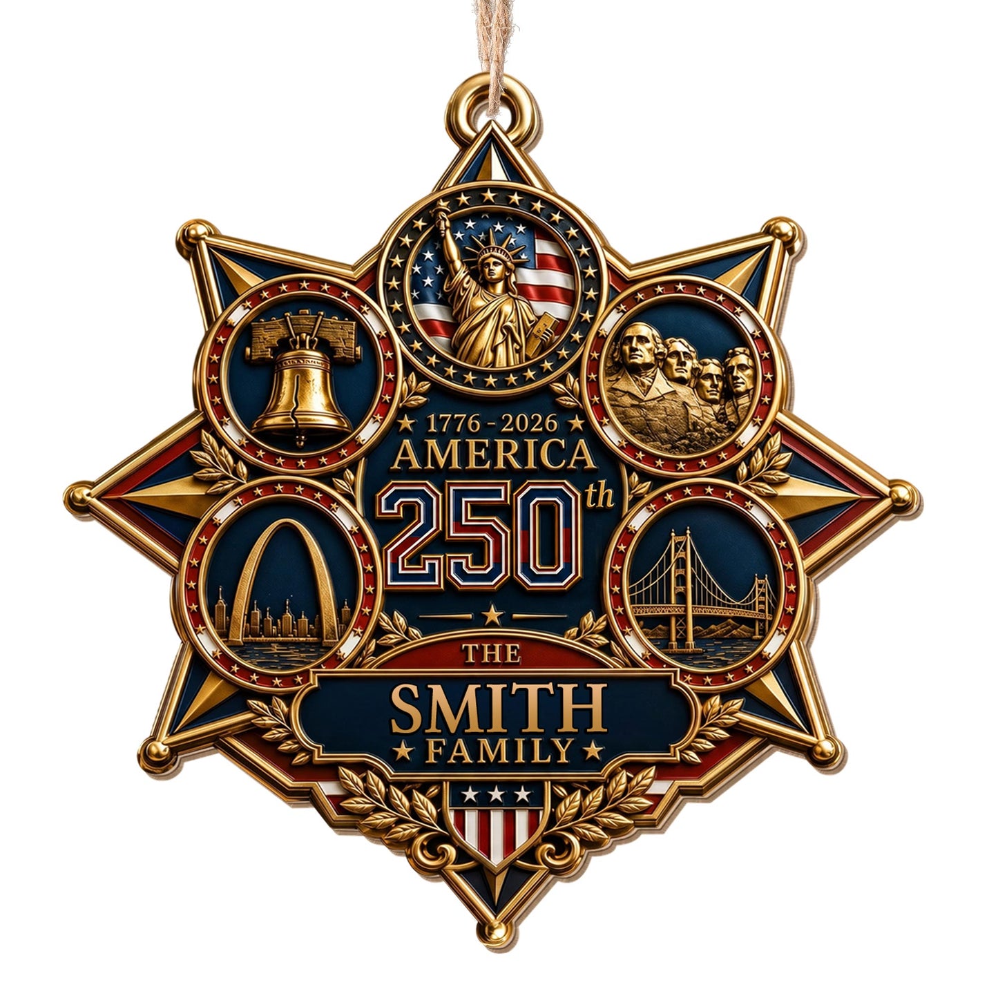 America 250 The Family With Landmarks Statue Of Liberty And Liberty Bell - Personalized Custom Wood Ornament, Custom Shaped - INDE672_WDO