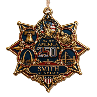 America 250 The Family With Landmarks Statue Of Liberty And Liberty Bell - Personalized Custom Wood Ornament, Custom Shaped - INDE672_WDO