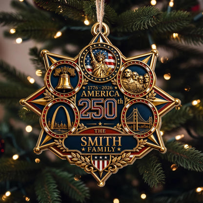 America 250 The Family With Landmarks Statue Of Liberty And Liberty Bell - Personalized Custom Wood Ornament, Custom Shaped - INDE672_WDO