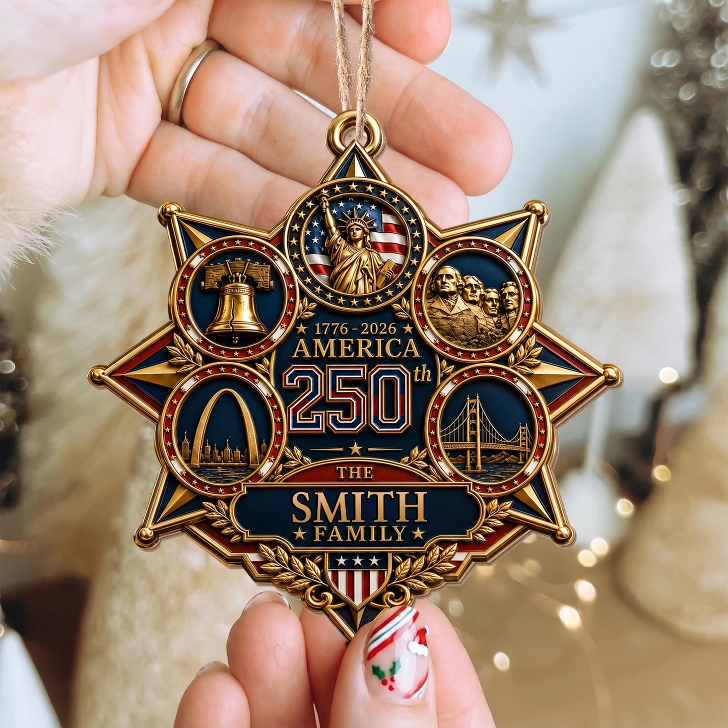 America 250 The Family With Landmarks Statue Of Liberty And Liberty Bell - Personalized Custom Wood Ornament, Custom Shaped - INDE672_WDO