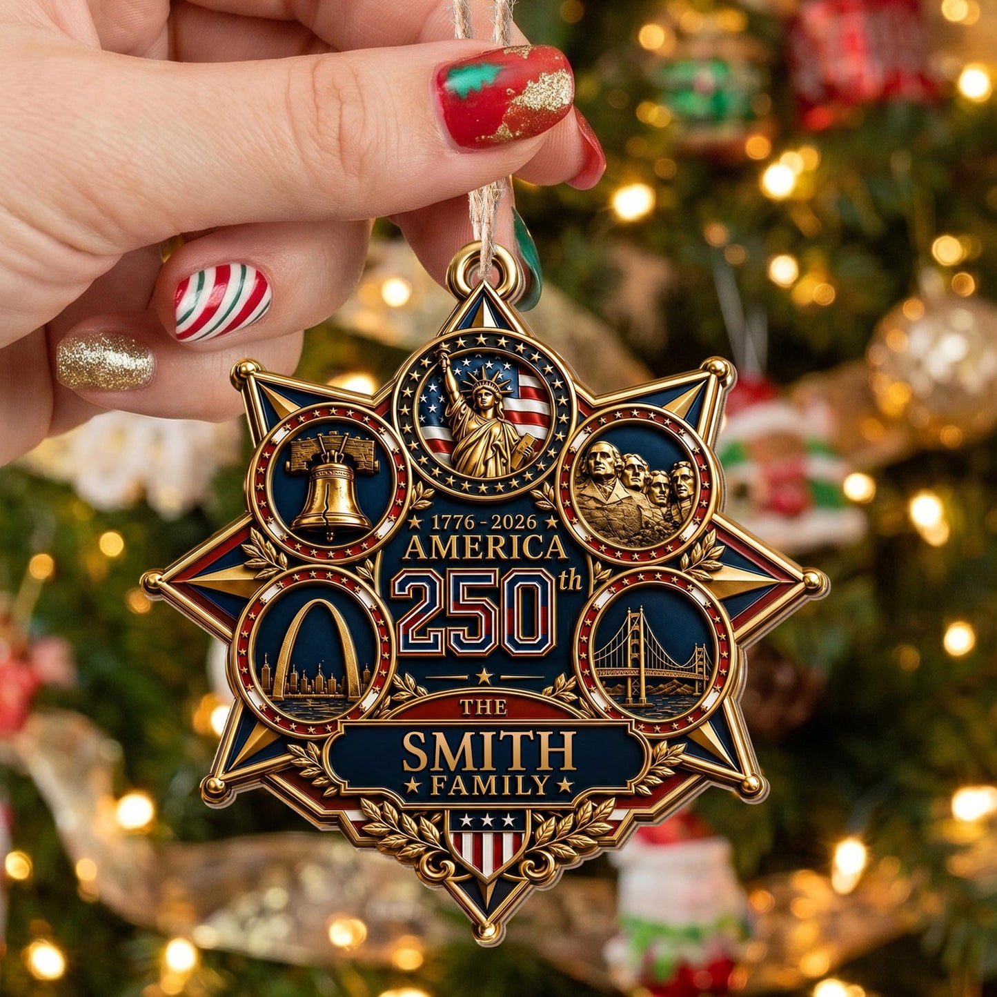 America 250 The Family With Landmarks Statue Of Liberty And Liberty Bell - Personalized Custom Wood Ornament, Custom Shaped - INDE672_WDO