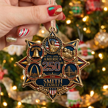 America 250 The Family With Landmarks Statue Of Liberty And Liberty Bell - Personalized Custom Wood Ornament, Custom Shaped - INDE672_WDO