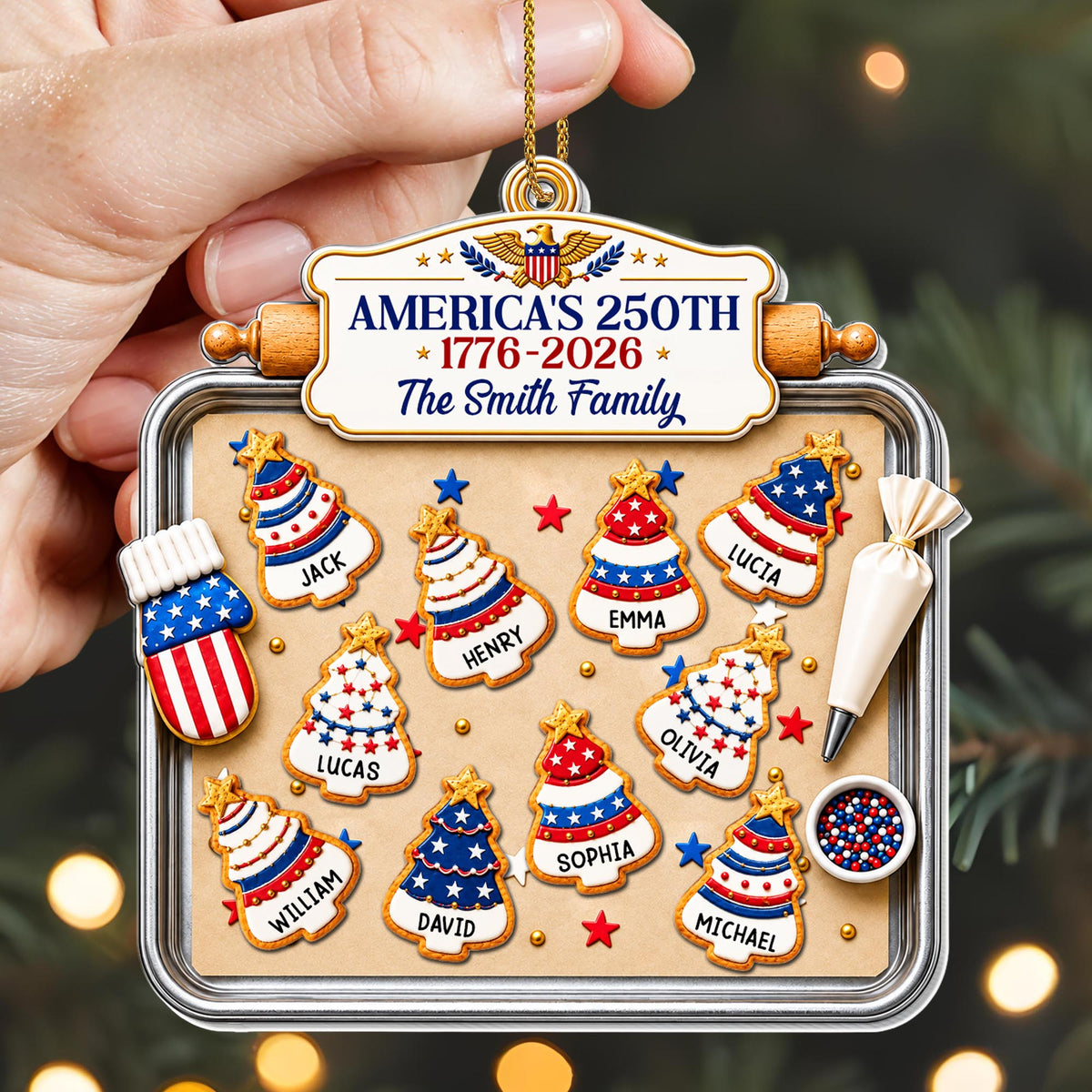 America 250 Our Family Christmas Tree Cookies On Baking Tray - Personalized Custom Acrylic Ornament, Christmas Gift - INDE702_ACO