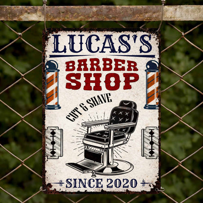 Barber Shop Cut & Shave Classic Barber Chair Design - Personalized Metal Sign - JBS018_MSIGN