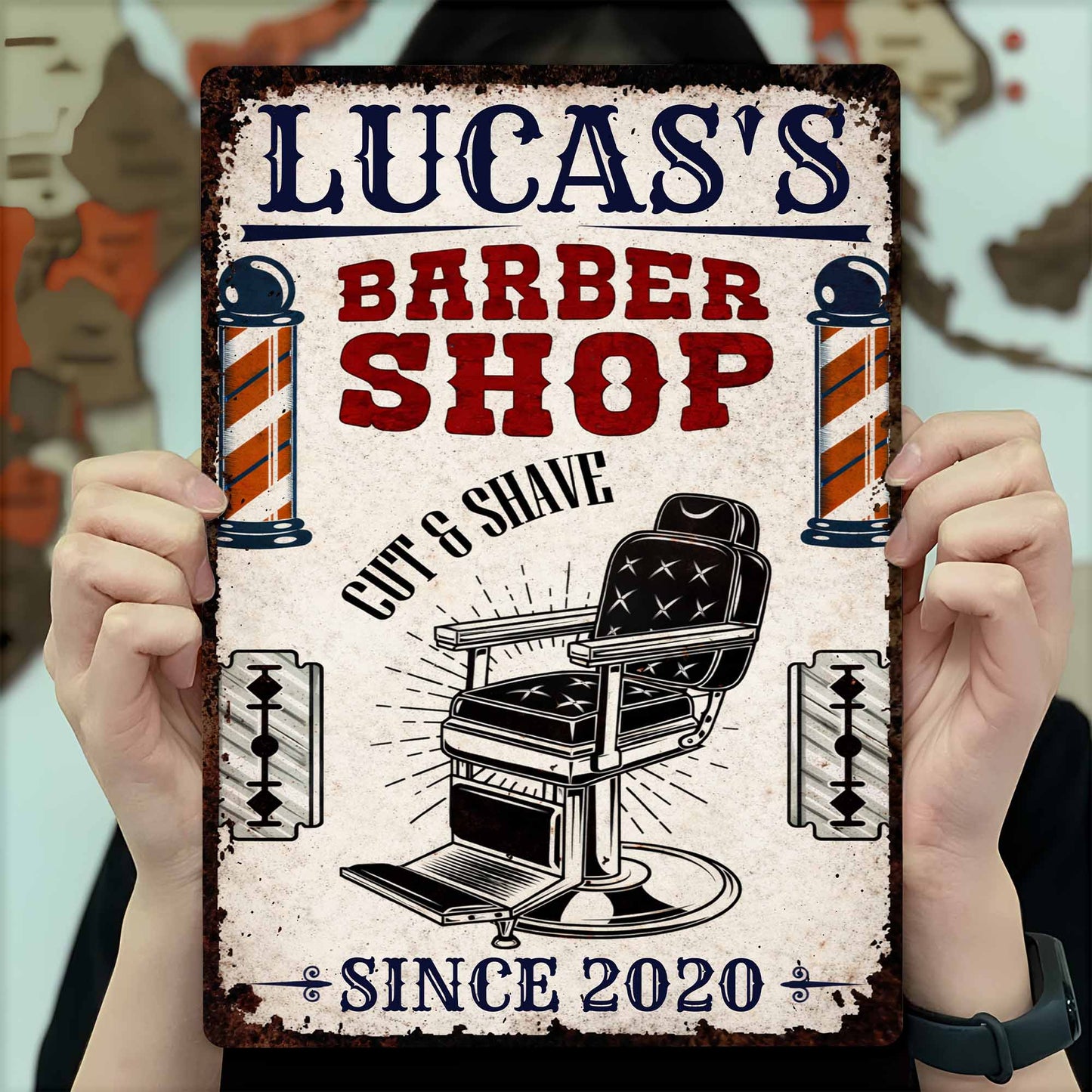 Barber Shop Cut & Shave Classic Barber Chair Design - Personalized Metal Sign - JBS018_MSIGN
