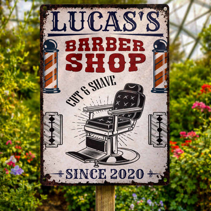 Barber Shop Cut & Shave Classic Barber Chair Design - Personalized Metal Sign - JBS018_MSIGN