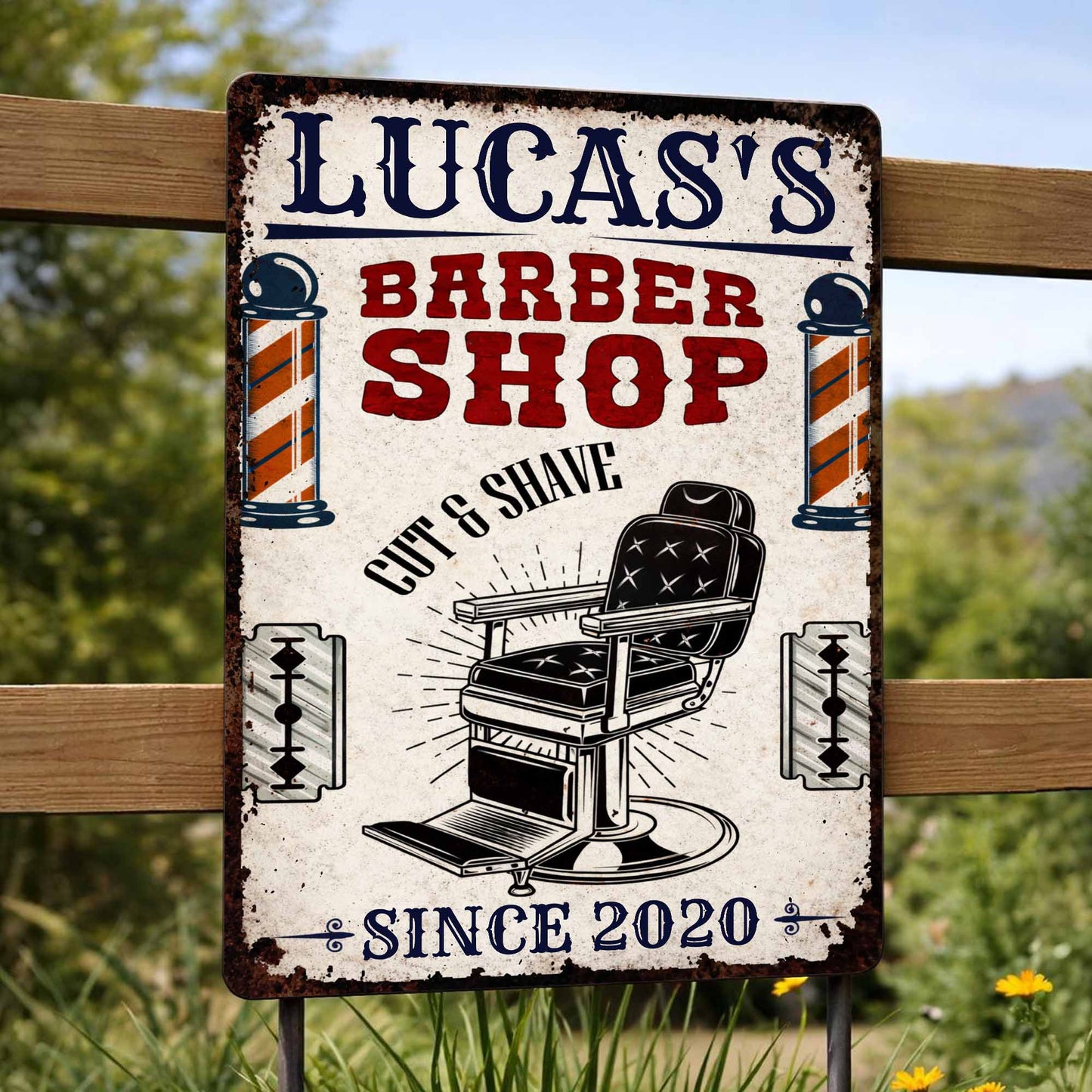 Barber Shop Cut & Shave Classic Barber Chair Design - Personalized Metal Sign - JBS018_MSIGN