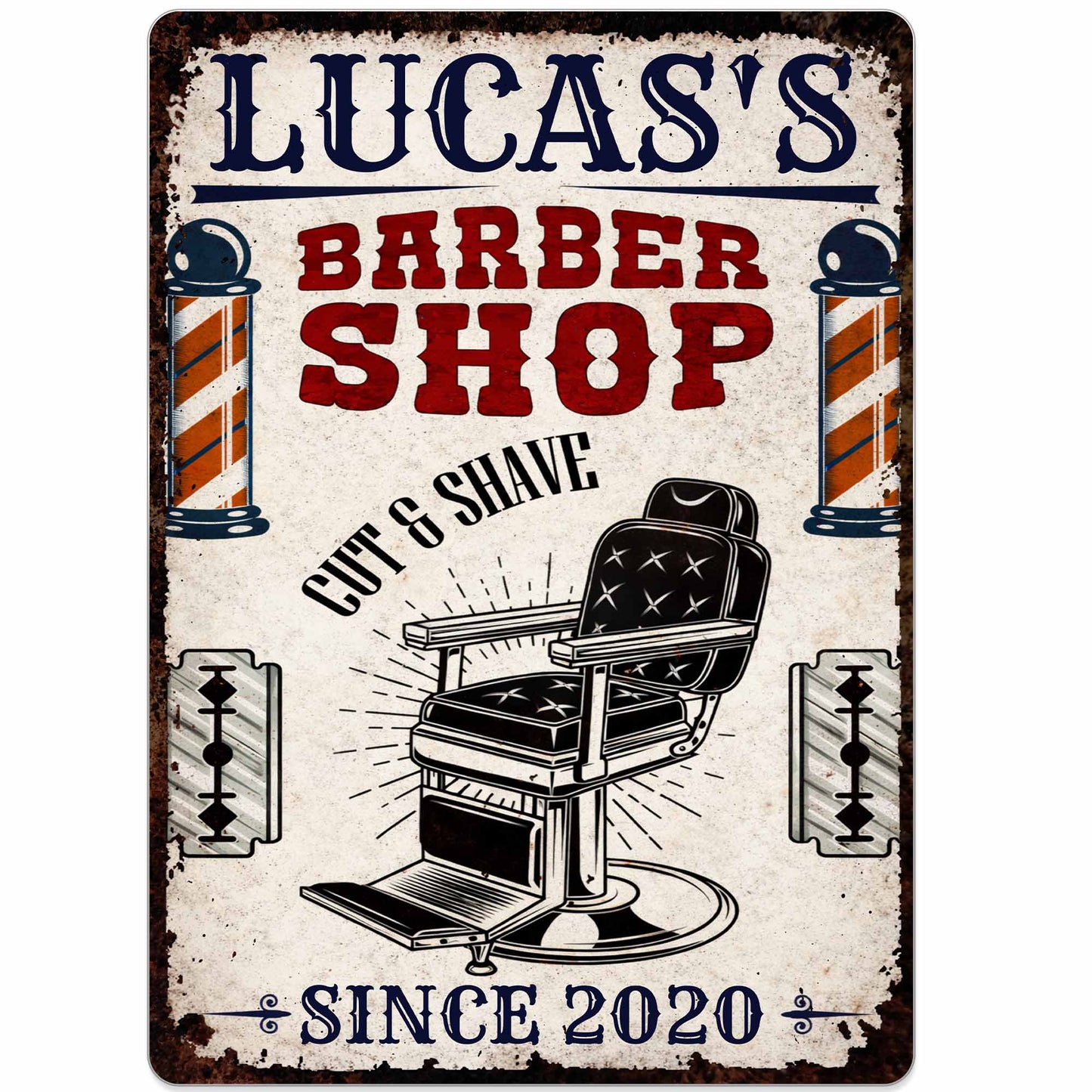 Barber Shop Cut & Shave Classic Barber Chair Design - Personalized Metal Sign - JBS018_MSIGN