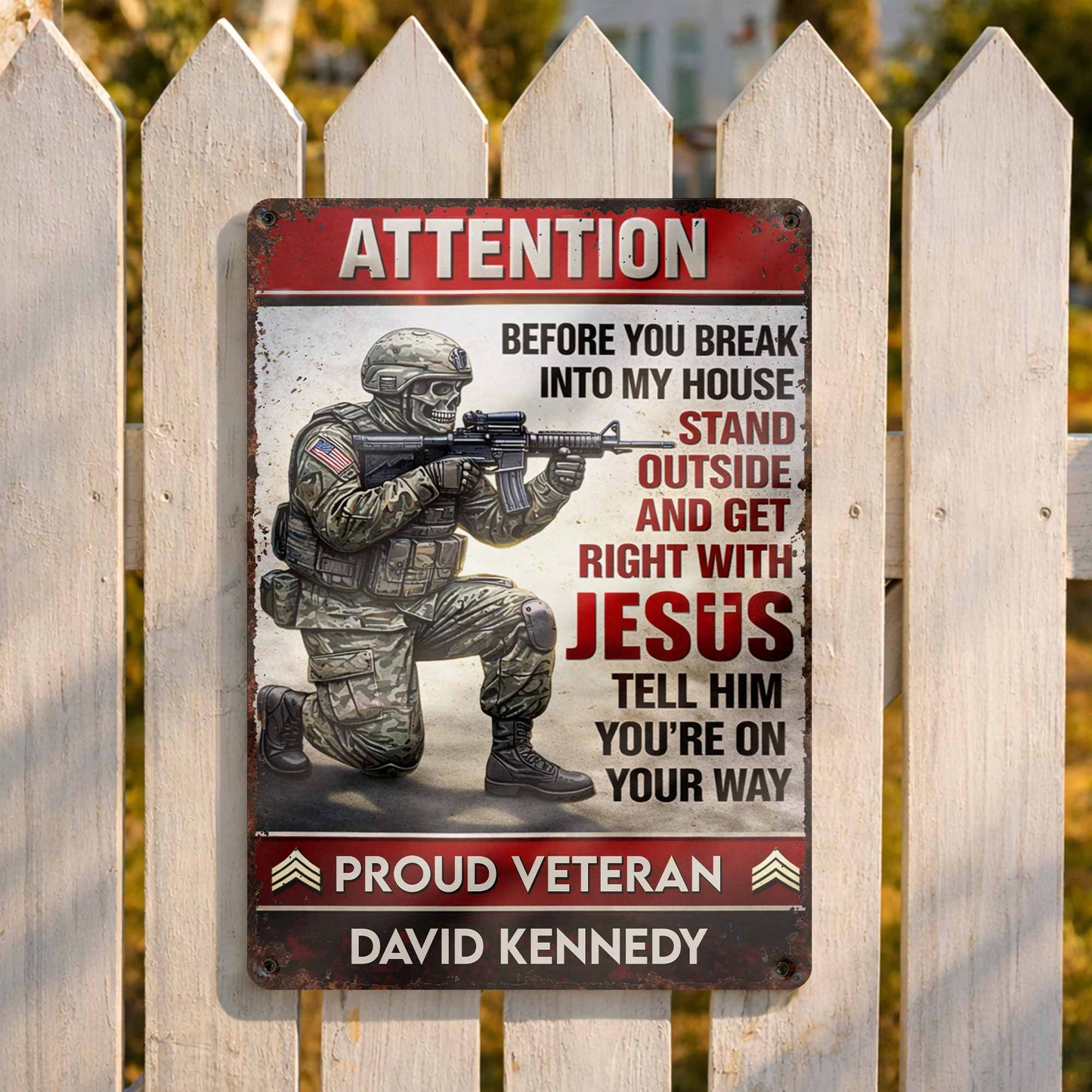 Attention Get Right With Jesus, Soldier and American Flag - Personalized Metal Sign - JBS019_MSIGN
