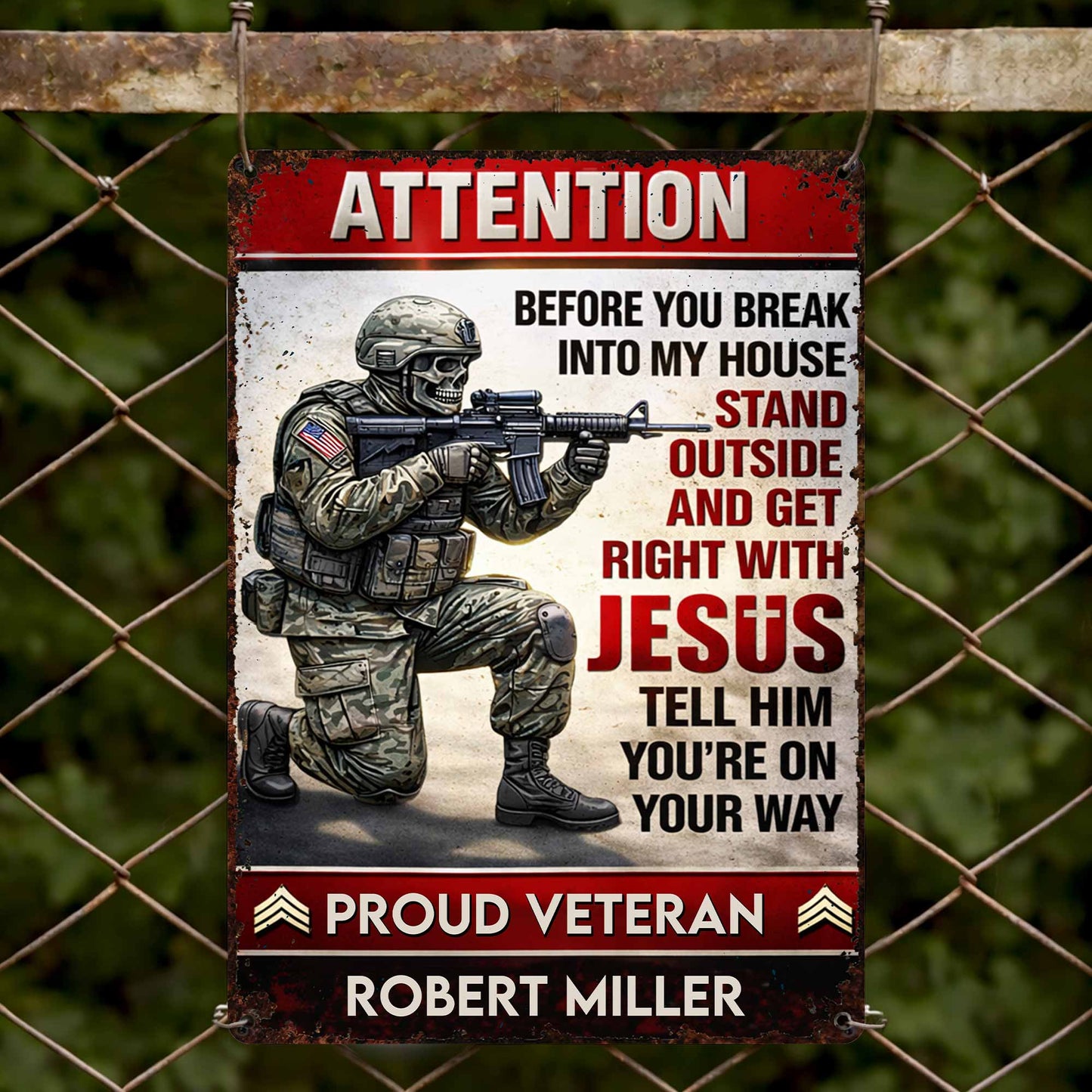 Attention Get Right With Jesus, Soldier and American Flag - Personalized Metal Sign - JBS019_MSIGN