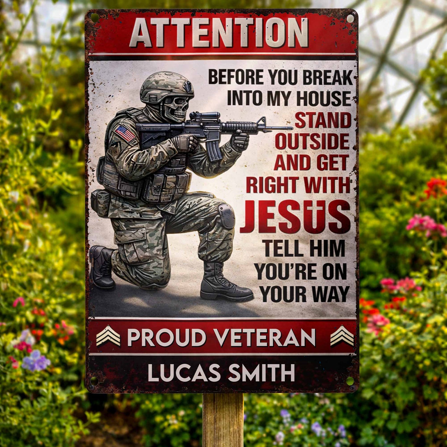 Attention Get Right With Jesus, Soldier and American Flag - Personalized Metal Sign - JBS019_MSIGN