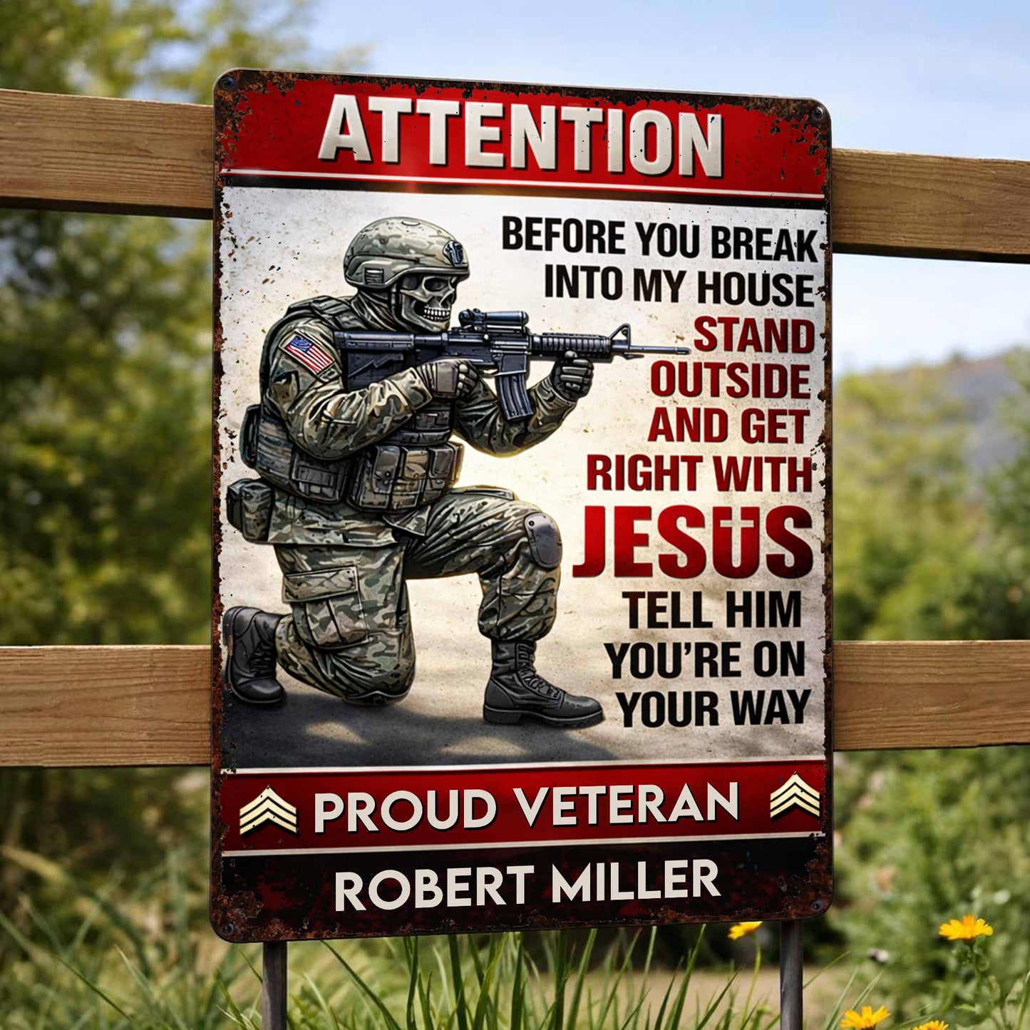 Attention Get Right With Jesus, Soldier and American Flag - Personalized Metal Sign - JBS019_MSIGN