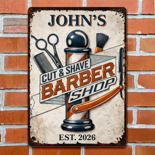 Cut & Shaved Barber Shop With Barber Pole And Scissors - Personalized Metal Sign - JBS046_MSIGN