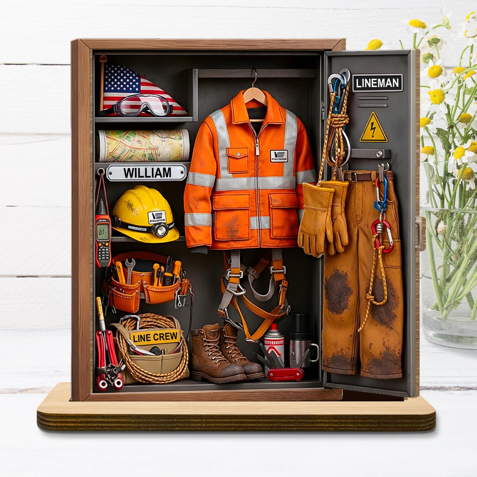 Lineman Line Crew Personal Locker With Hard Hat And Safety Vest