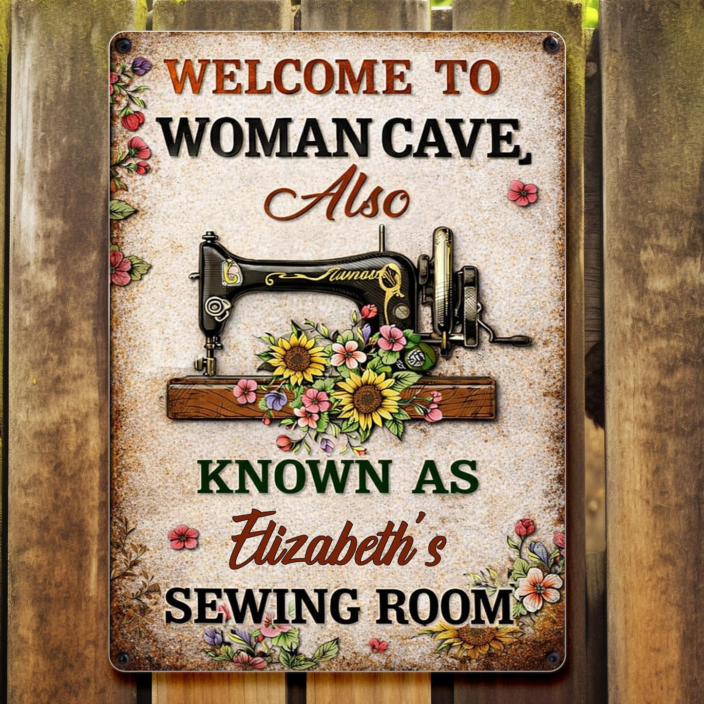 Welcome To Woman Cave Sewing Room Vintage Sewing Machine And Flowers - Personalized Metal Sign - JBS054_MSIGN