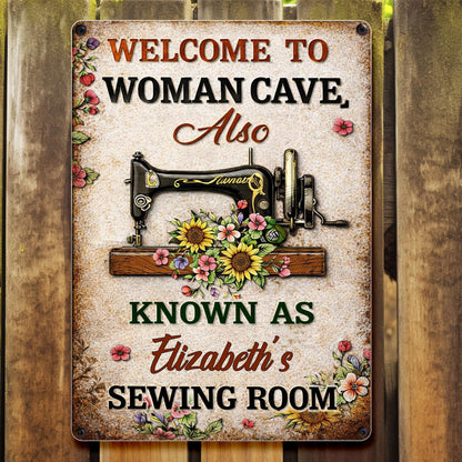 Welcome To Woman Cave Sewing Room Vintage Sewing Machine And Flowers - Personalized Metal Sign - JBS054_MSIGN