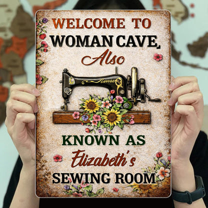 Welcome To Woman Cave Sewing Room Vintage Sewing Machine And Flowers - Personalized Metal Sign - JBS054_MSIGN