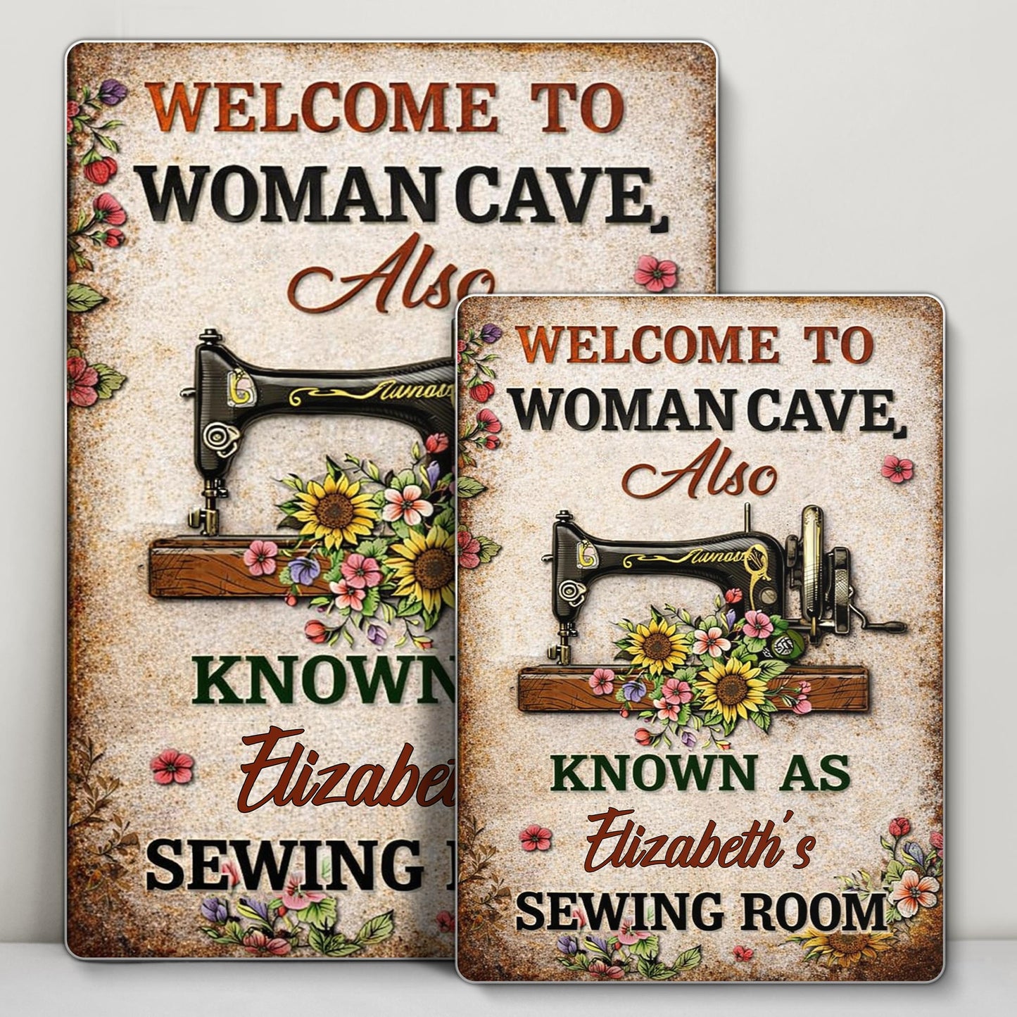 Welcome To Woman Cave Sewing Room Vintage Sewing Machine And Flowers - Personalized Metal Sign - JBS054_MSIGN