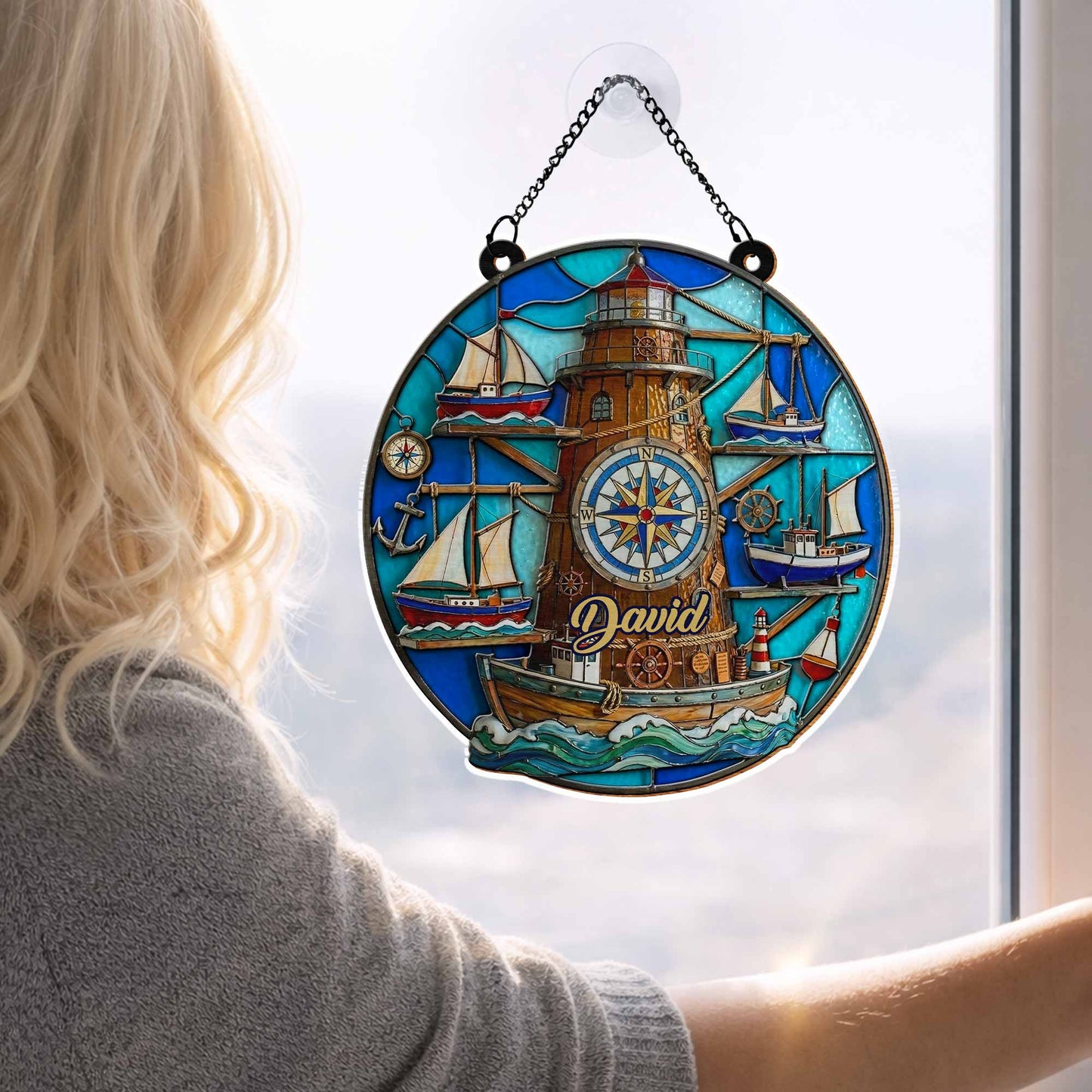 Nautical Compass Lighthouse and Sailboats