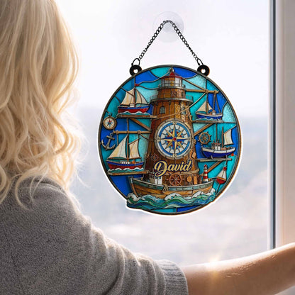 Nautical Compass Lighthouse and Sailboats