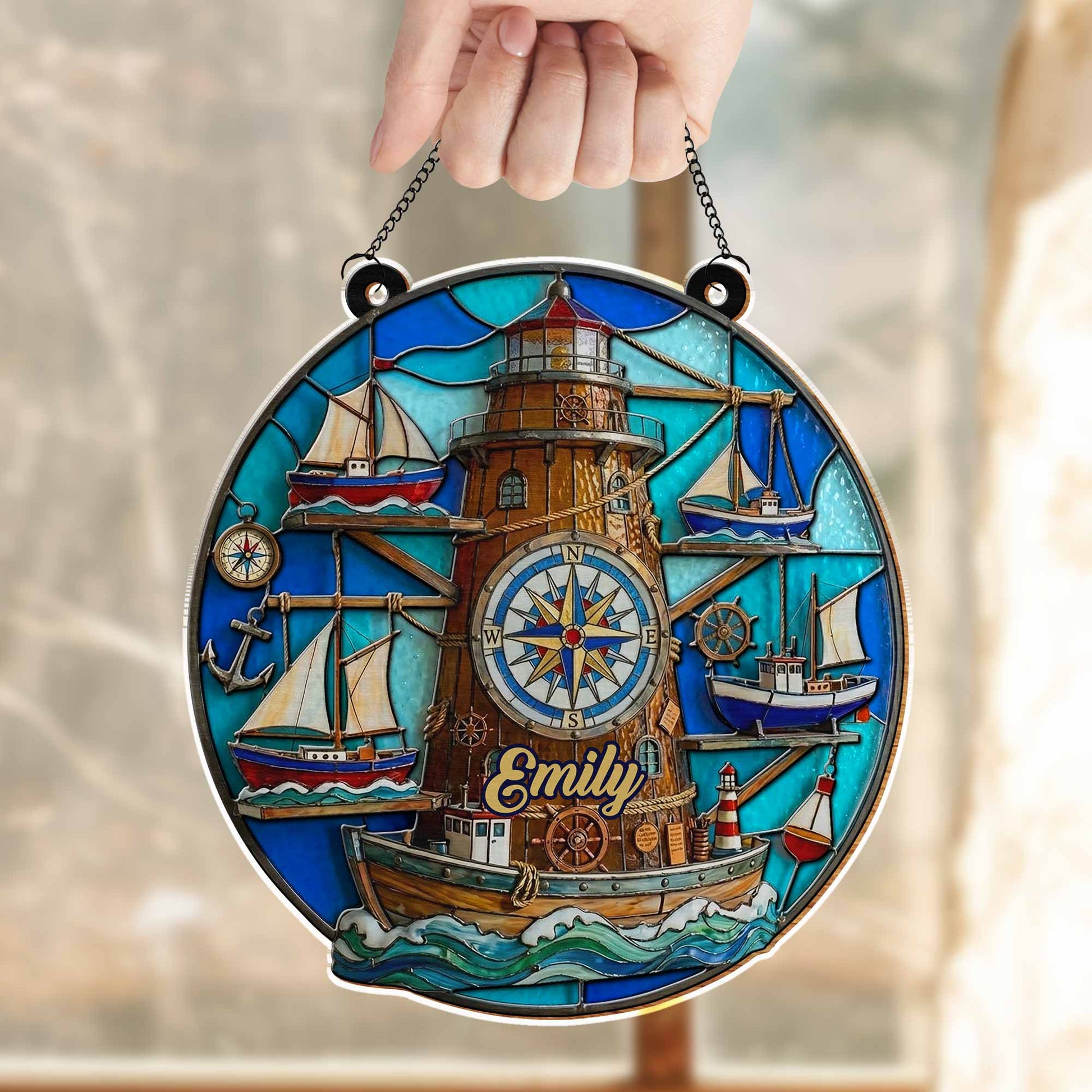 Nautical Compass Lighthouse and Sailboats