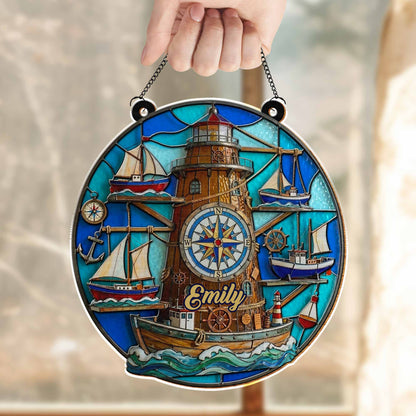 Nautical Compass Lighthouse and Sailboats