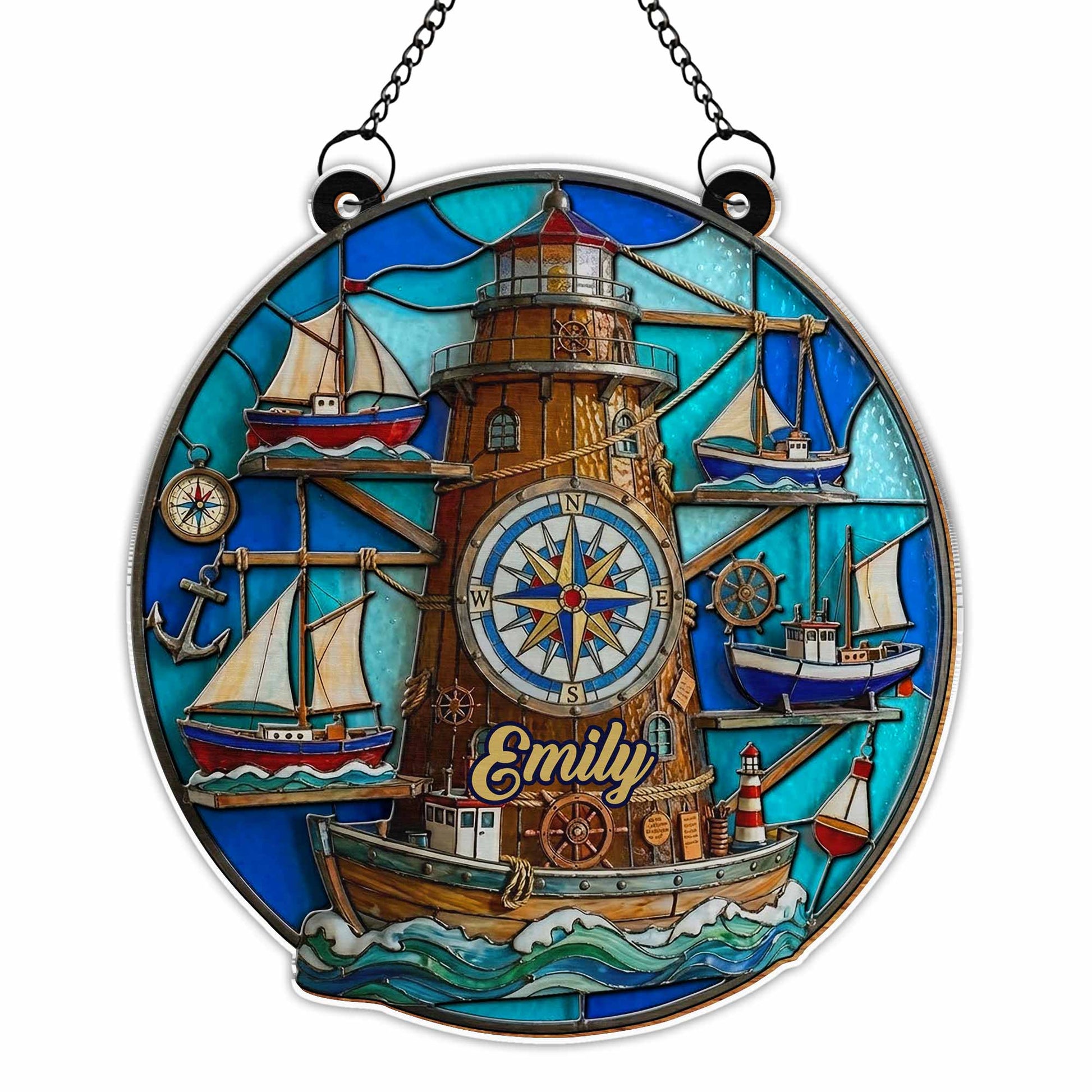 Nautical Compass Lighthouse and Sailboats