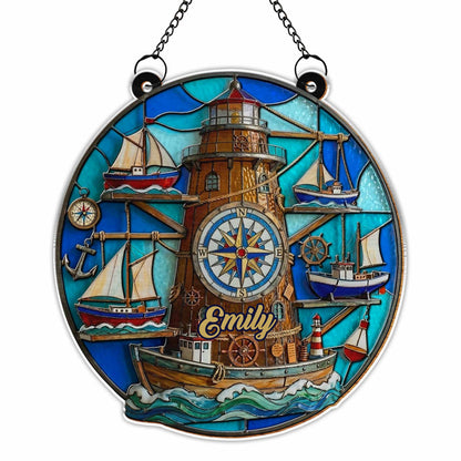 Nautical Compass Lighthouse and Sailboats