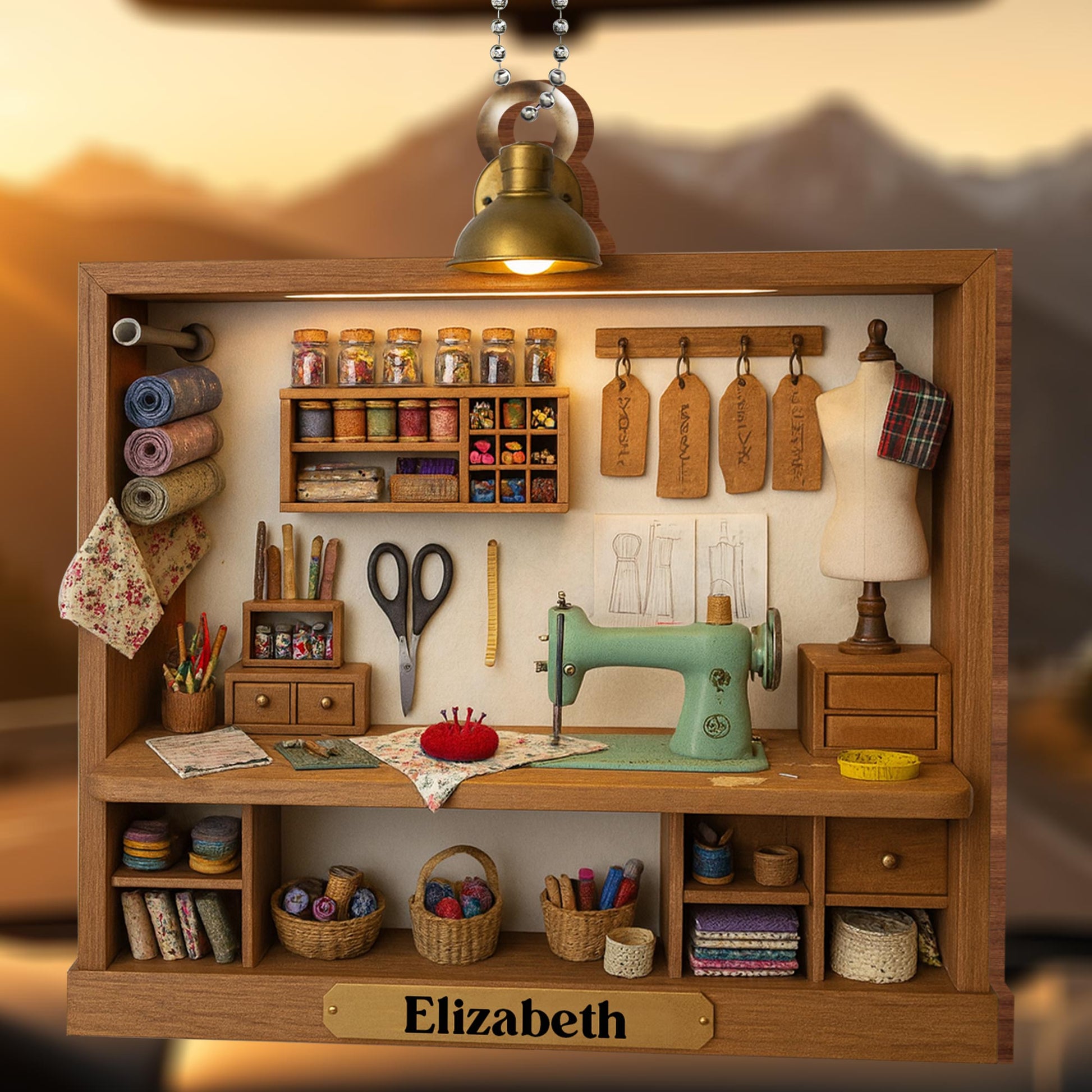 Custom Name, Sewing Machine, Scissors, and Fabric Rolls