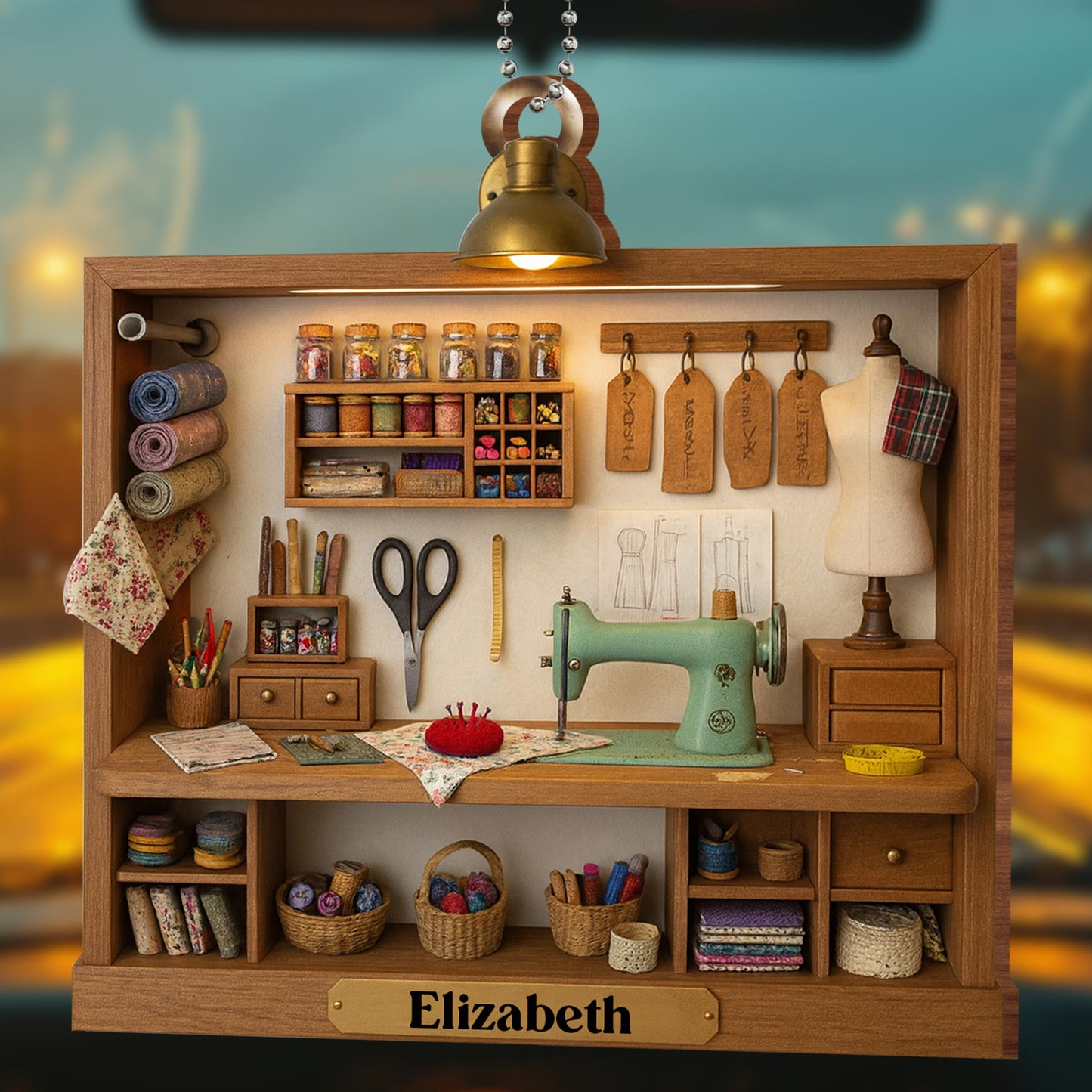 Custom Name, Sewing Machine, Scissors, and Fabric Rolls