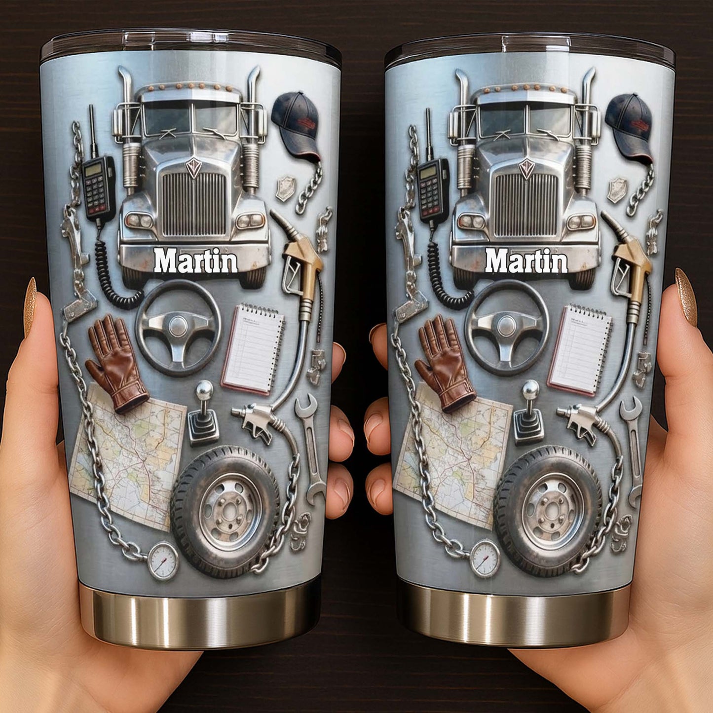 Custom Designed Tumbler With Truck And Tools