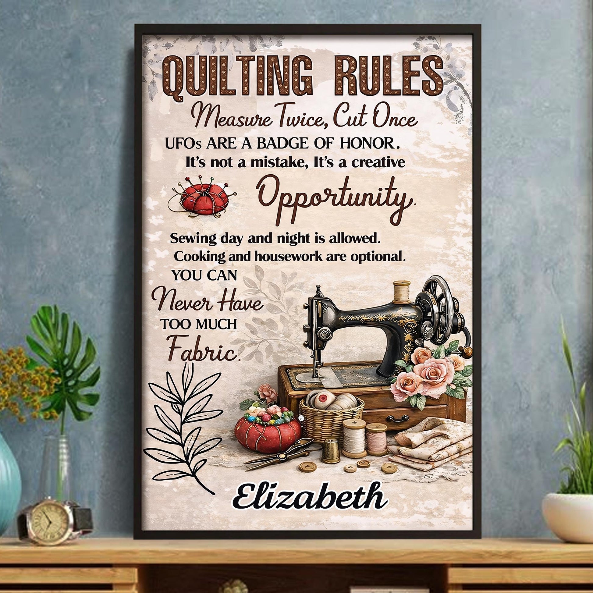 Quilting Rules Measure Twice Cut Once Vintage Sewing Machine And Fabric