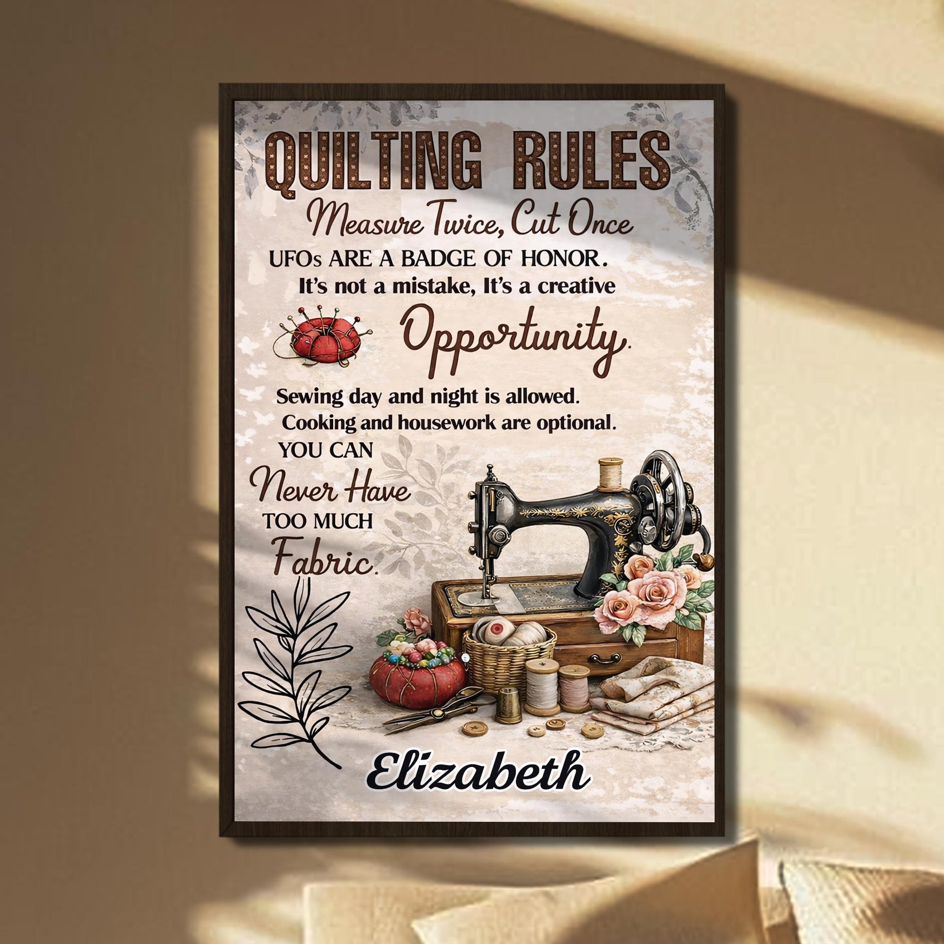 Quilting Rules Measure Twice Cut Once Vintage Sewing Machine And Fabric