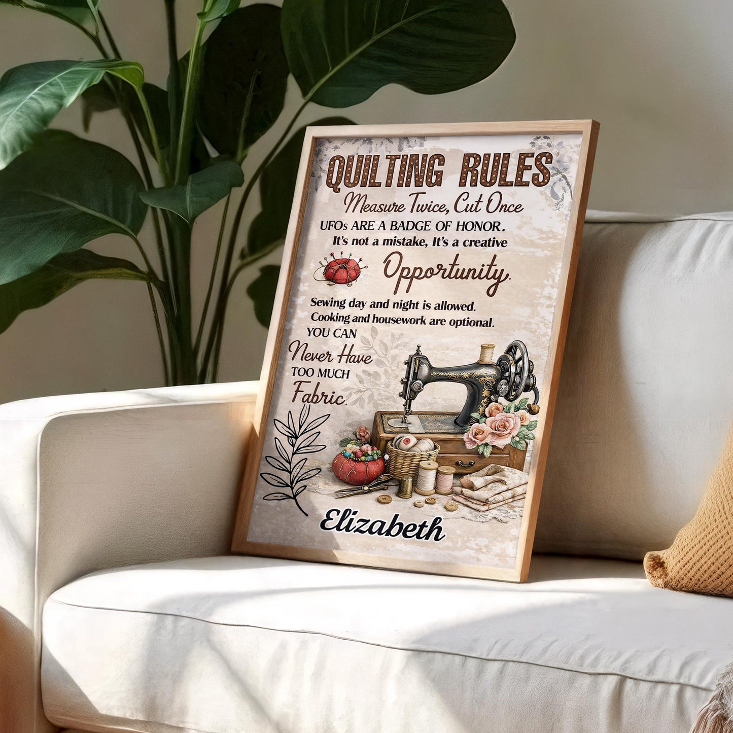 Quilting Rules Measure Twice Cut Once Vintage Sewing Machine And Fabric