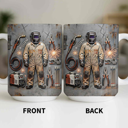 Hardworking Welder At Service With Welding Tools And Gear