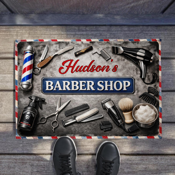 Barber Shop With Professional Tools And Barber Pole Design - Personalized Custom Doormat - JBS165_DRM