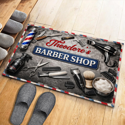Barber Shop With Professional Tools And Barber Pole Design - Personalized Custom Doormat - JBS165_DRM