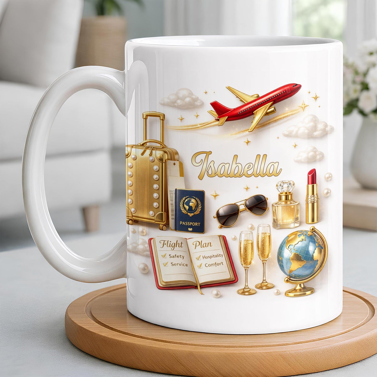 Flight Plan Safety Service Comfort With Airplane and Travel Essentials - Personalized Custom Coffee Mug - JBS235_MG