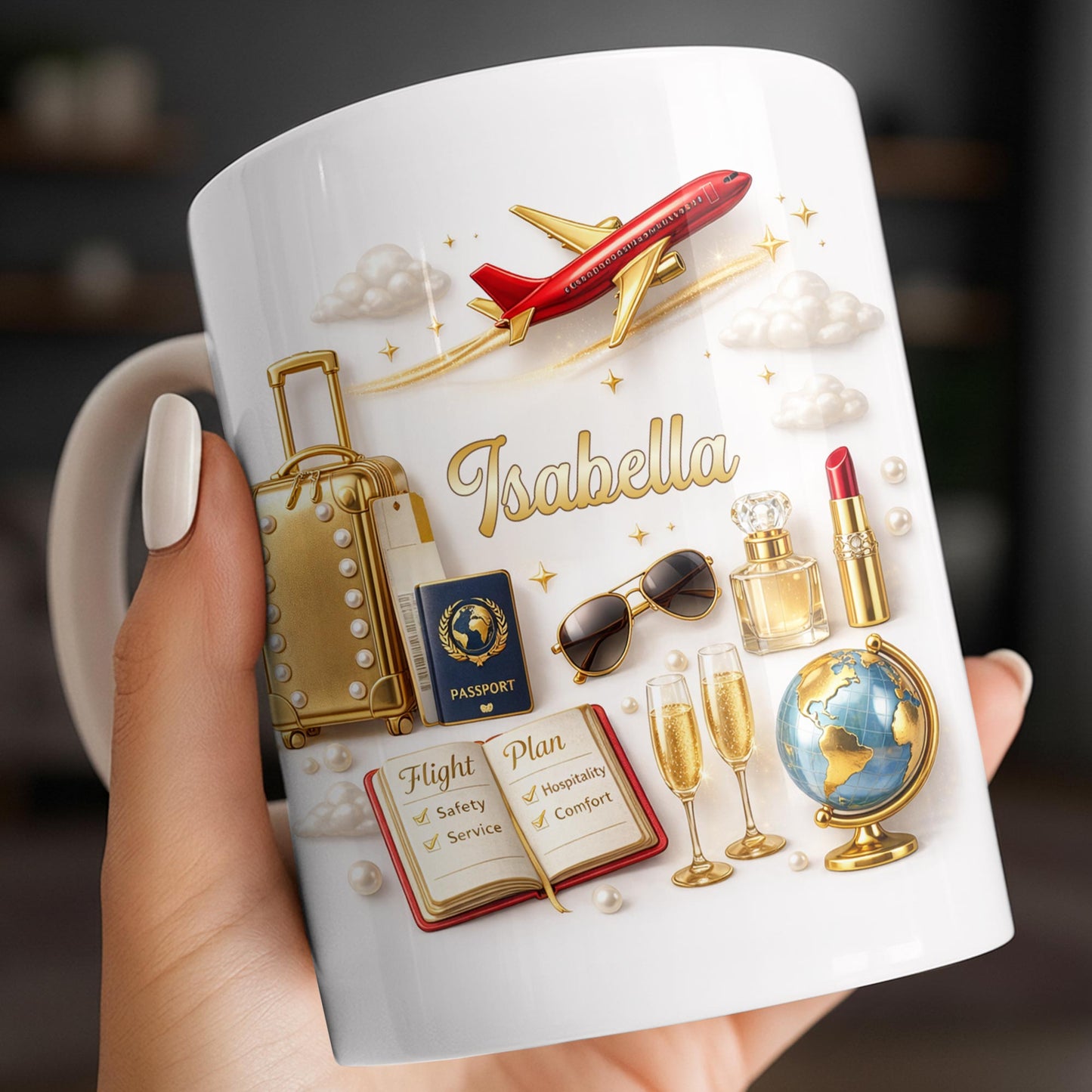 Flight Plan Safety Service Comfort With Airplane and Travel Essentials - Personalized Custom Coffee Mug - JBS235_MG