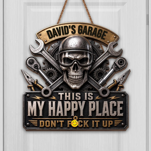 My Garage This Is My Happy Place Skull And Wrenches - Personalized Custom Shaped Wood Sign - JBS358_WSIGN