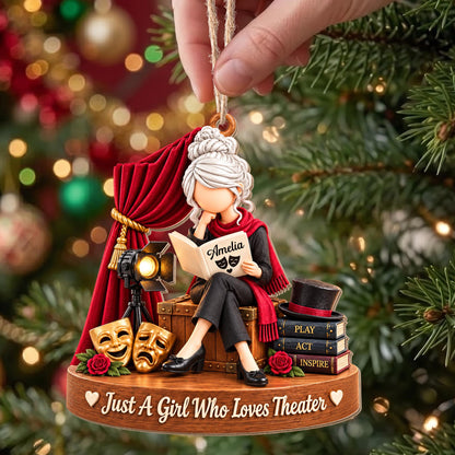 Just A Girl Who Loves Theater Drama Masks Red Curtain - Personalized Custom Wood Ornament, Custom Shaped - JBS401_WDO