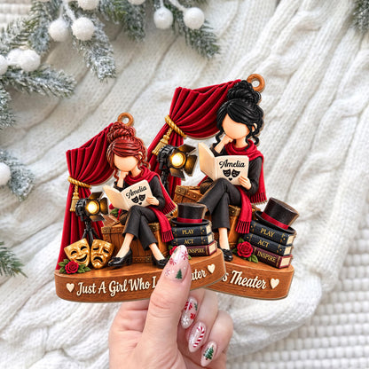 Just A Girl Who Loves Theater Drama Masks Red Curtain - Personalized Custom Wood Ornament, Custom Shaped - JBS401_WDO