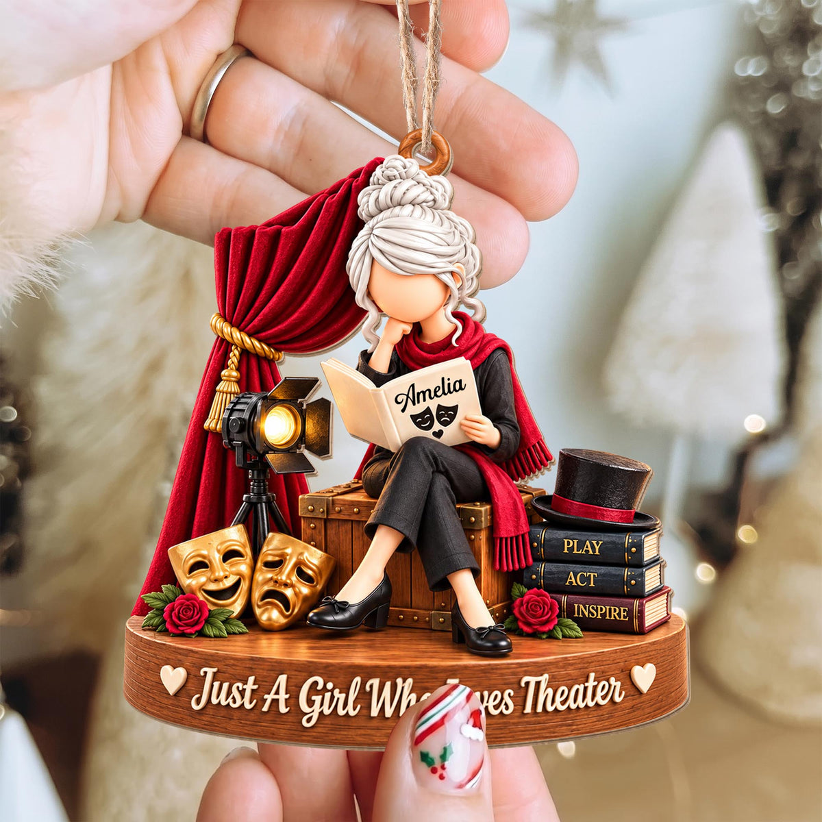 Just A Girl Who Loves Theater Drama Masks Red Curtain - Personalized Custom Wood Ornament, Custom Shaped - JBS401_WDO
