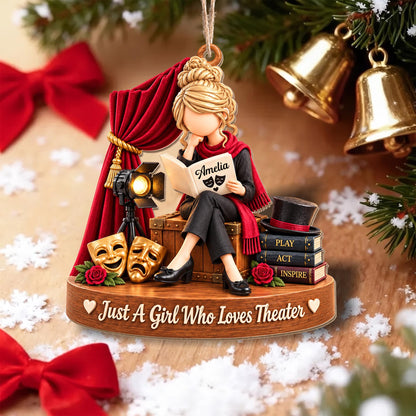 Just A Girl Who Loves Theater Drama Masks Red Curtain - Personalized Custom Wood Ornament, Custom Shaped - JBS401_WDO